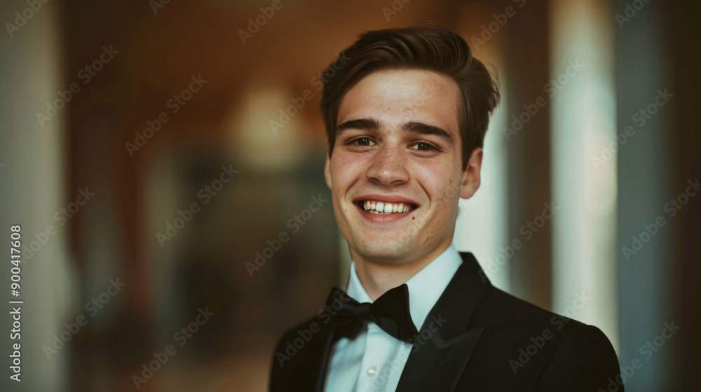 Fototapeta premium A young man in formal attire beams with a warm smile, exuding happiness and confidence, against a soft-focus background of an elegant interior.