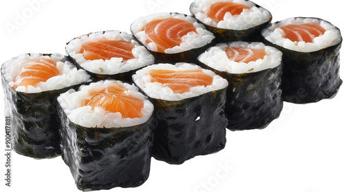 PNG salmon maki rolls, sushi, super realistic, detailed rice and seaweed, white background,  food photo