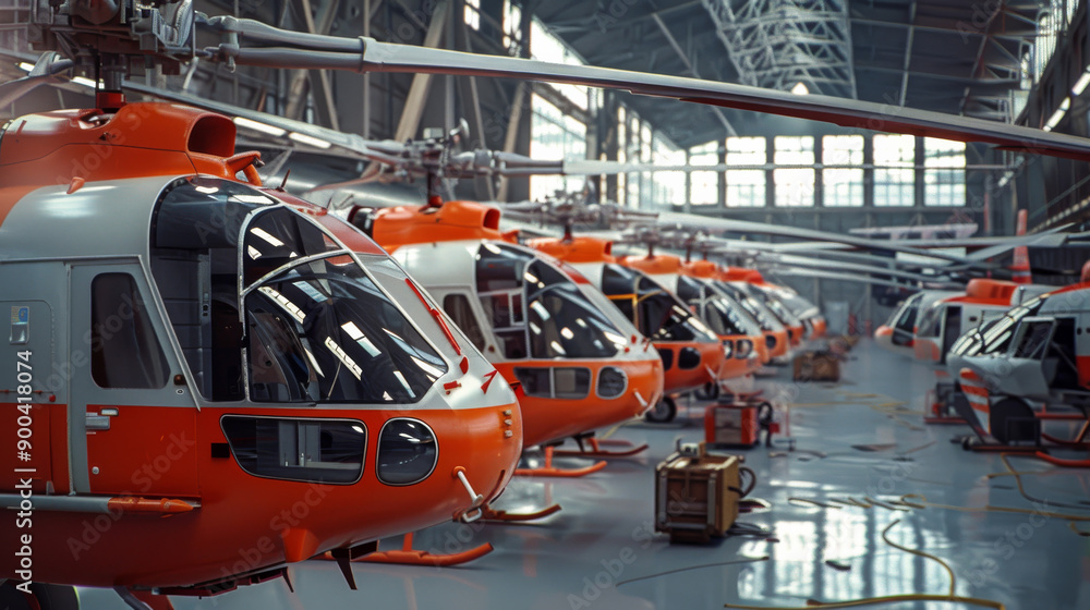 A bright, spacious helicopter assembly line features several orange and white helicopters in various stages of production within the industrial backdrop. A bright, spacious helicopter assembly line features several orange and white helicopters in various stages of production within the industrial backdrop.
