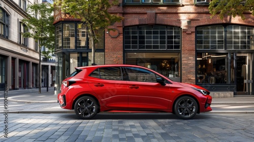 A sporty hatchback from the side, featuring its compact design and dynamic styling. Perfect for urban driving and weekend adventures. © peerawat