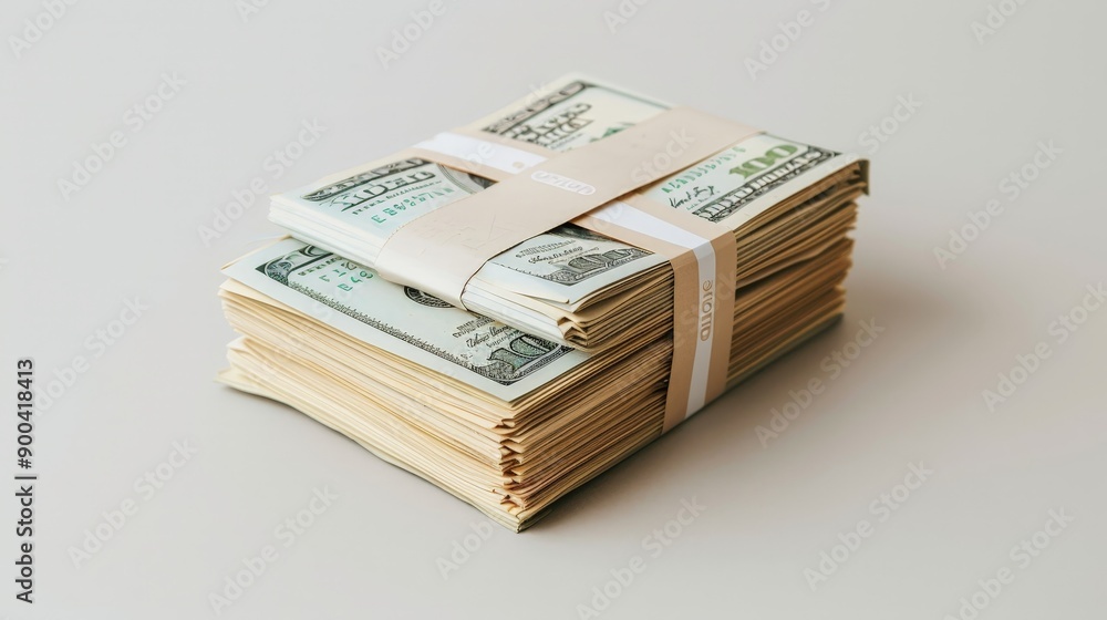 A stack of hundred dollar bills bound with a bank strap, isolated on a plain background, symbolizing financial success and the accumulation of wealth. A stack of hundred dollar bills bound with a bank strap, isolated on a plain background, symbolizing financial success and the accumulation of wealth.