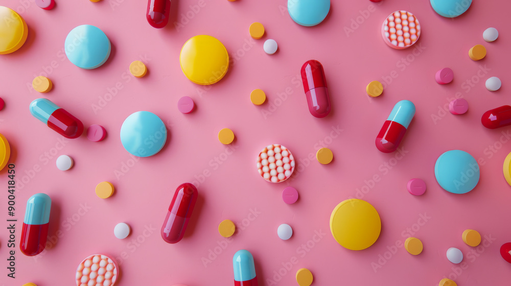 A colorful arrangement of various pills and capsules scattered on a bright pink background, creating a vivid and striking visual. A colorful arrangement of various pills and capsules scattered on a bright pink background, creating a vivid and striking visual.