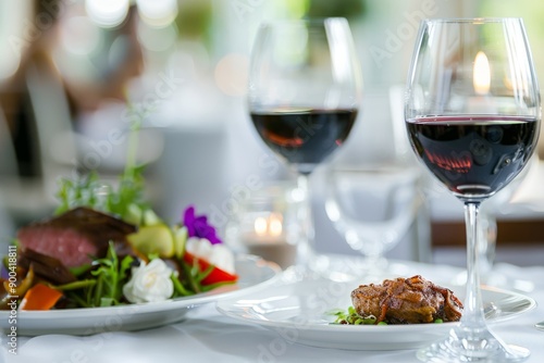 A table set with two glasses of red wine and one dish featuring a medium rare steak, on the right side there is a salad in white plates, all placed at an elegant restaurant setting. National Red Wine 