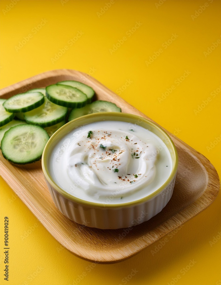 Turkish tzatziki with cucumber slices on yellow background Turkish tzatziki with cucumber slices on yellow background