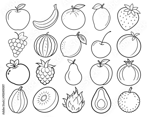 Fruits coloring page set, fruits coloring book page digital art, fruits line art