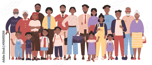 Happy big family standing together. Fun portrait of children and parents, grandparents. Reunion of relatives, mother and father, grandmother and grandfather, kids and teens cartoon vector illustration
