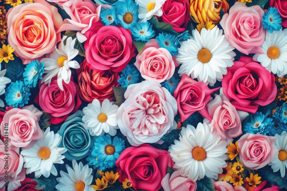 painting of flowers and daisies on wall, floral pattern of vibrant roses and daisies painting of flowers and daisies on wall, floral pattern of vibrant roses and daisies