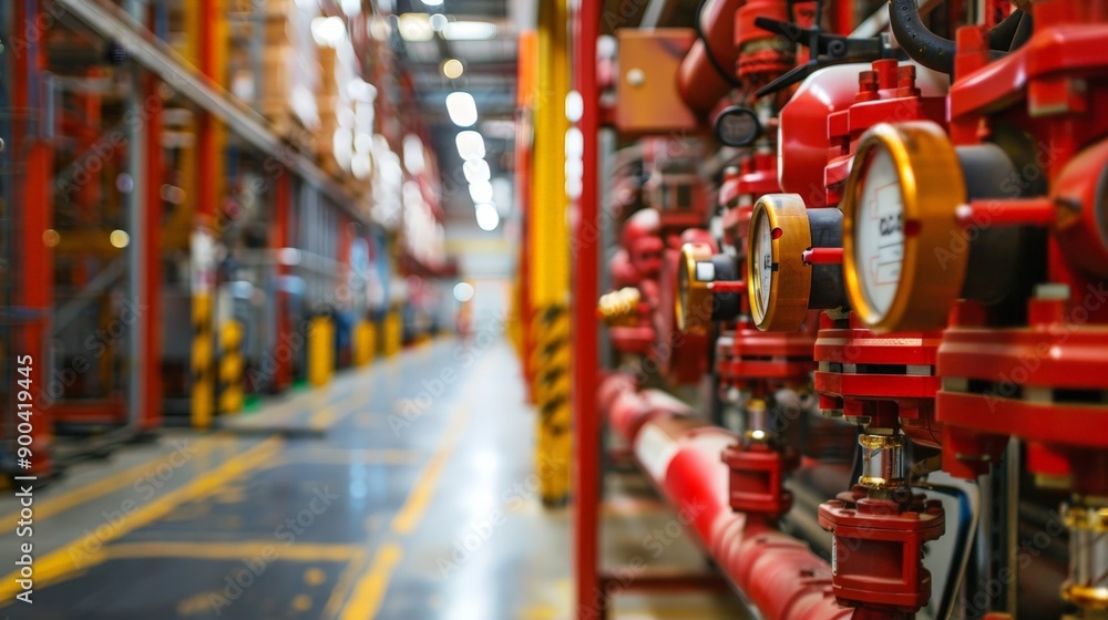 Fototapeta premium A warehouse equipped with advanced fire suppression systems and safety protocols. The commitment to safety and preparedness ensures the protection of both workers and inventory in case of emergencies.