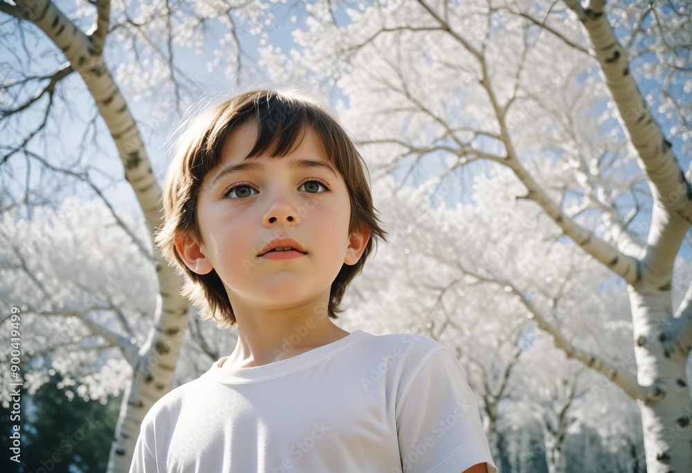 A child closeup, white trees, a commercial shooting A child closeup, white trees, a commercial shooting