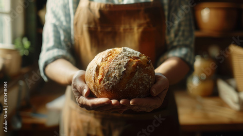 Hands offering freshly baked artisan bread in a rustic kitchen, with warm sunlight enhancing the coziness and homespun charm. photo