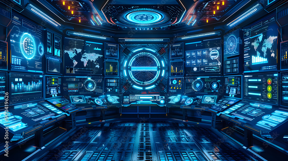 Futuristic Dashboard with Multi-Monitor Setup, Showcasing Data Analytics in a Secure Control Room Futuristic Dashboard with Multi-Monitor Setup, Showcasing Data Analytics in a Secure Control Room