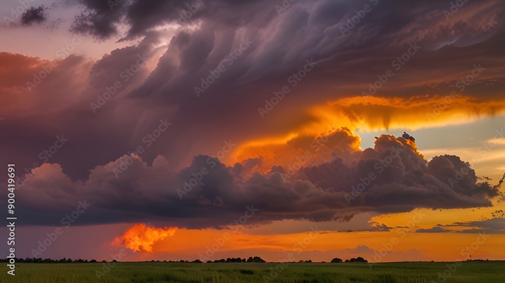 Obraz premium The sky transitioning from stormy to calm, with vibrant sunset colors blending into the remnants of dark clouds, casting a warm, golden light.