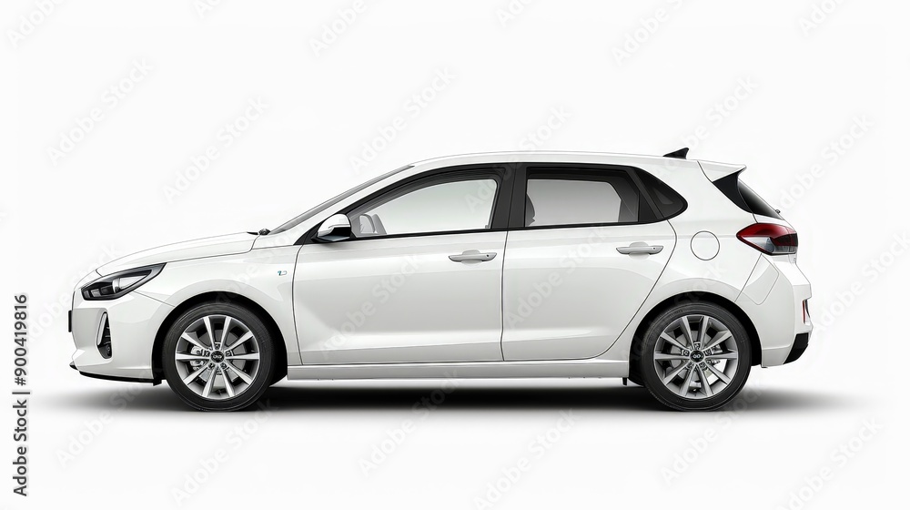 A white compact hatchback, displayed against a white background, showcasing its practicality and modern styling. A white compact hatchback, displayed against a white background, showcasing its practicality and modern styling.