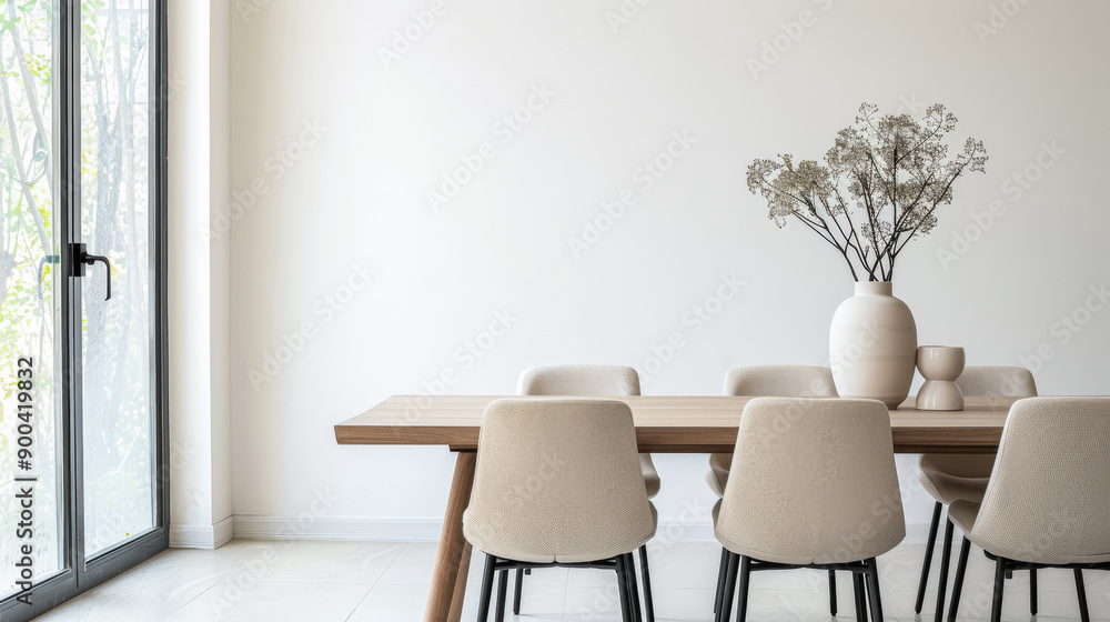 Obraz premium Luxury living room interiors with a dining table next to a window filling the room with natural lighting. Chic residential Real Estate interiors.