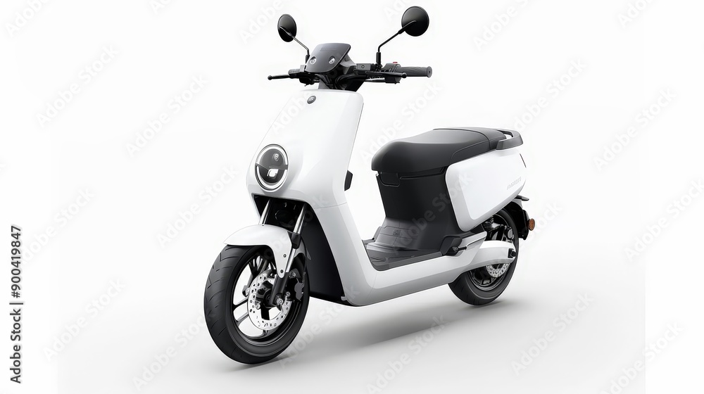 A white electric scooter, set against a white background, highlighting its sleek design and urban appeal. A white electric scooter, set against a white background, highlighting its sleek design and urban appeal.