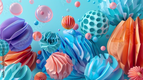 A 3D rendering of colorful geometric shapes against a blue background.