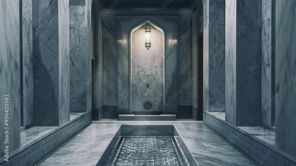 Obraz premium A luxurious marble bathhouse with intricate architecture and a serene ambiance served by soft lighting.
