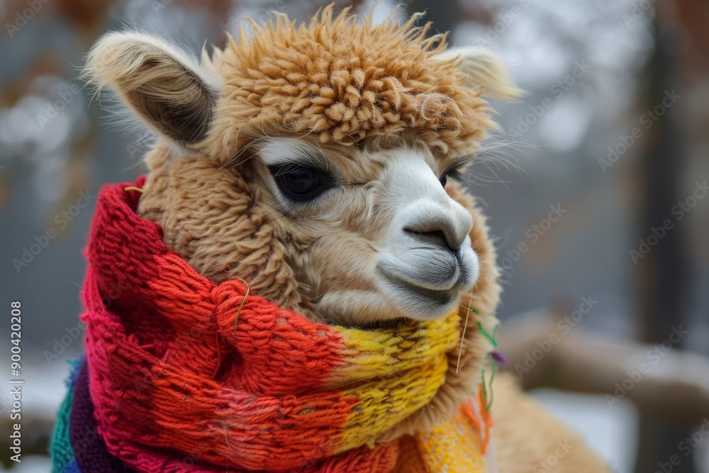 Fototapeta premium llamwearing scarf and scarf around its neck, fluffy alpacwears brightly colored scarf, looking stylish and cozy