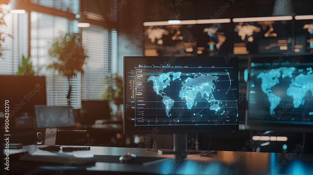 Fototapeta premium Close-Up of Digital Map with Real-Time Monitoring Alerts, Set in Modern Office for Global Reach and Safety