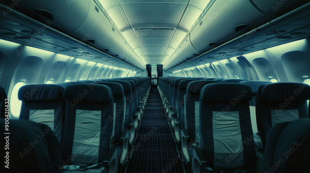 Obraz premium An empty airplane cabin with rows of seats illuminated by cool, dim lighting, creating a tranquil, almost eerie atmosphere.