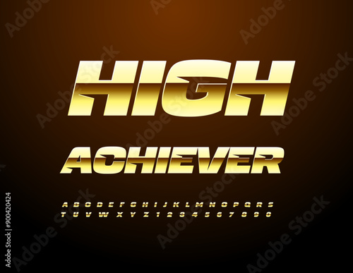 Vector modern emblem High Achiever. Unique Gold Font. Luxury Alphabet Letters and Numbers set