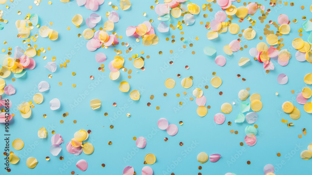 An explosion of golden and pastel confetti on a blue background, celebrating joy and fun with a glittering, festive atmosphere. An explosion of golden and pastel confetti on a blue background, celebrating joy and fun with a glittering, festive atmosphere.