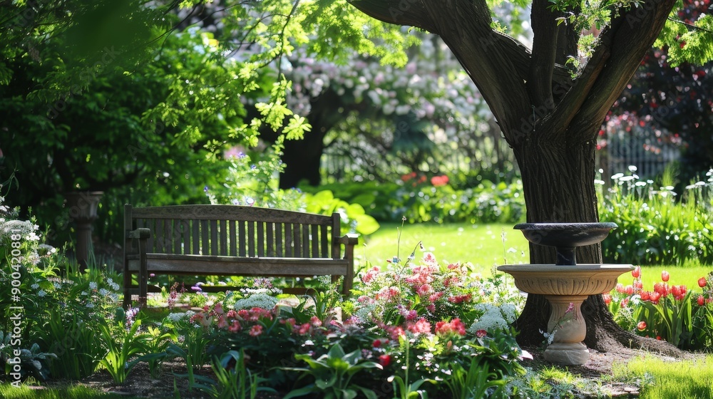 An inviting garden bench under a tree, surrounded by blooming flowers and a small birdbath. An inviting garden bench under a tree, surrounded by blooming flowers and a small birdbath.