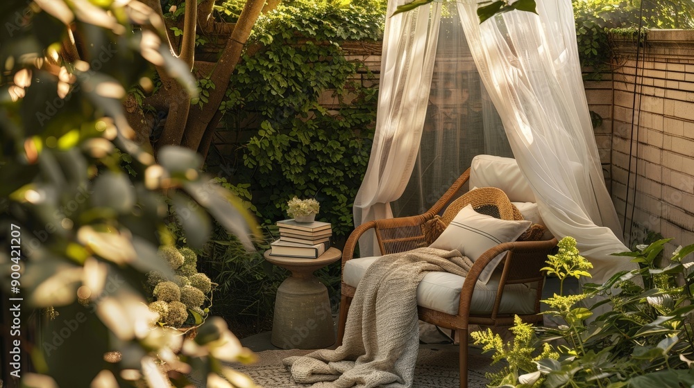 An outdoor reading nook with a comfortable chair, a side table for books, and a canopy for shade. An outdoor reading nook with a comfortable chair, a side table for books, and a canopy for shade.
