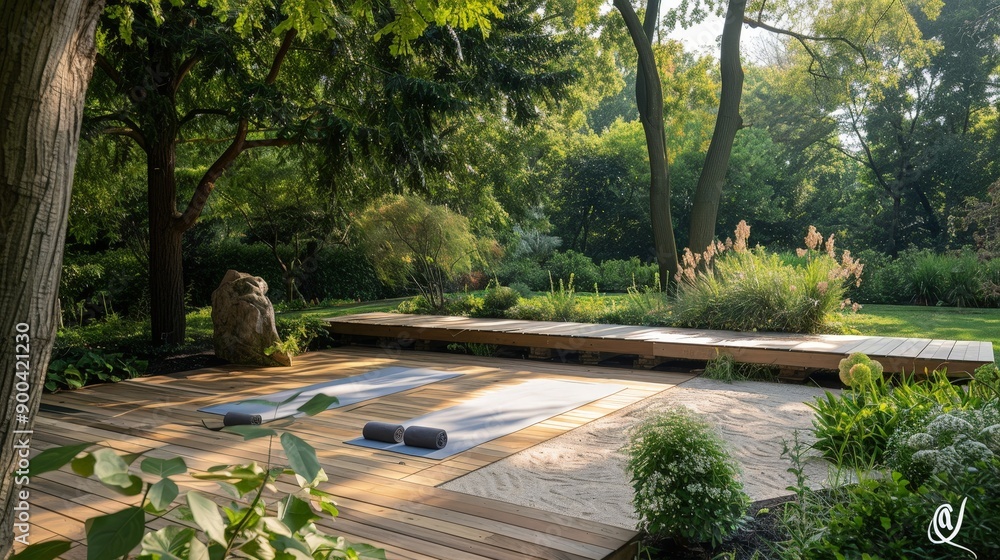 Fototapeta premium An outdoor yoga space with a wooden platform, yoga mats, and serene surroundings for a peaceful practice.