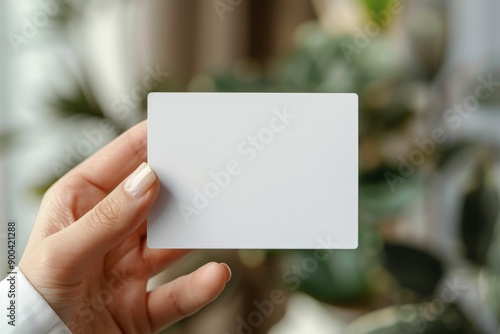 A hand holding a blank business card in a modern office setting, perfect for presentations or professional contexts.