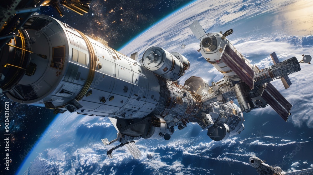 Fototapeta premium Astronauts, with Earth as their distant backdrop, are dedicated to assembling a space station. Each module they connect represents a step forward in human exploration and the quest to understand 