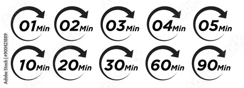 1, 2, 3, 4, 5, 10, 20, 30, 60, 90 min, minutes vector icon set.