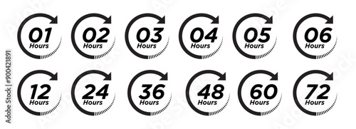 1hr, 2hrs, 3hrs, 4hrs, 5hrs, 6hrs, 12hrs, 24hrs, 36hrs, 48hrs, 60hrs, 72hrs, icon set.