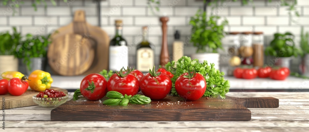 Fresh tomatoes and herbs arranged on a wooden cutting board in a modern kitchen with white tile backsplash and cooking utensils. Fresh tomatoes and herbs arranged on a wooden cutting board in a modern kitchen with white tile backsplash and cooking utensils.