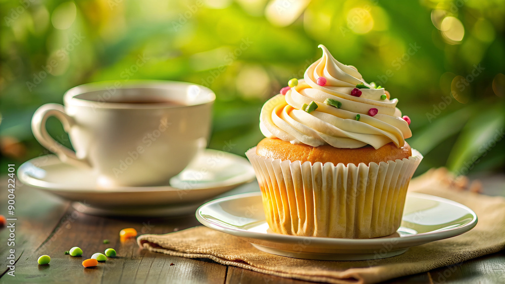 Cupcake with Vanilla Frosting and Tea on Wooden Table in Outdoor Setting Cupcake with Vanilla Frosting and Tea on Wooden Table in Outdoor Setting
