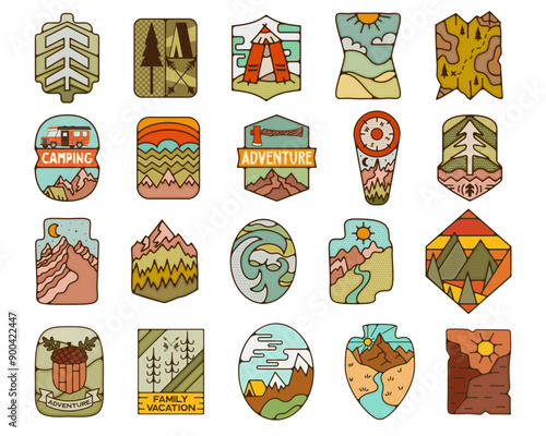 Outdoor adventure badges set. Camping adventure labels in retro flat style. Mountain logos graphics for t-shirt. Stock vector artworks.