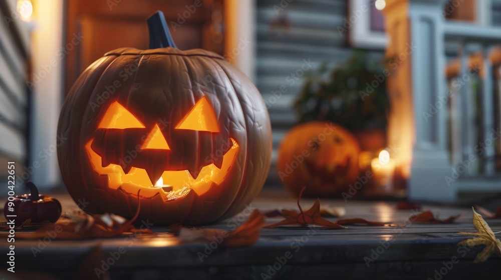 Capture the essence of Halloween with a beautifully carved pumpkin sitting on a porch, illuminated from within by a flickering candle, casting eerie shadows. Capture the essence of Halloween with a beautifully carved pumpkin sitting on a porch, illuminated from within by a flickering candle, casting eerie shadows.