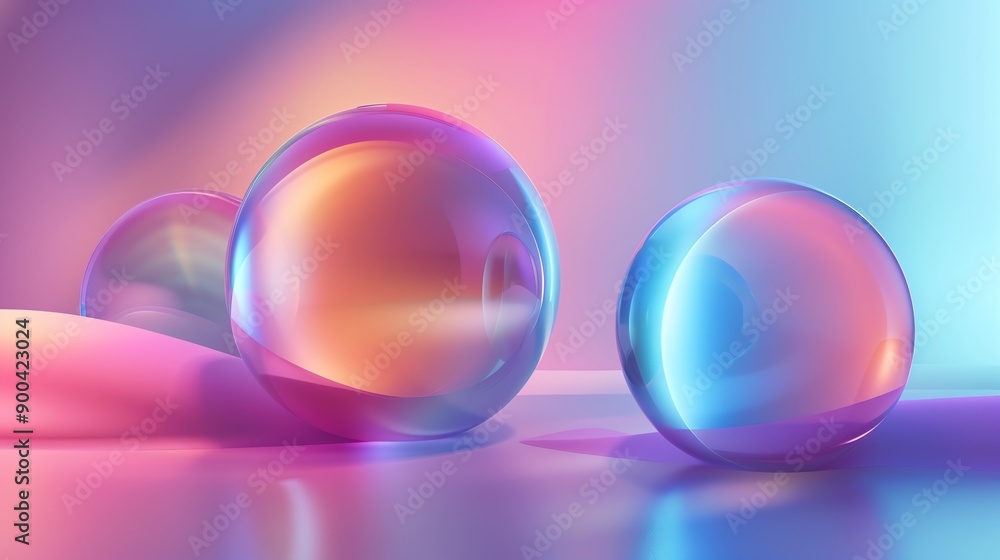 Three iridescent spheres on a colorful surface. Three iridescent spheres on a colorful surface.