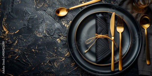 Elegant table setting with gold utensils on black plates. photo