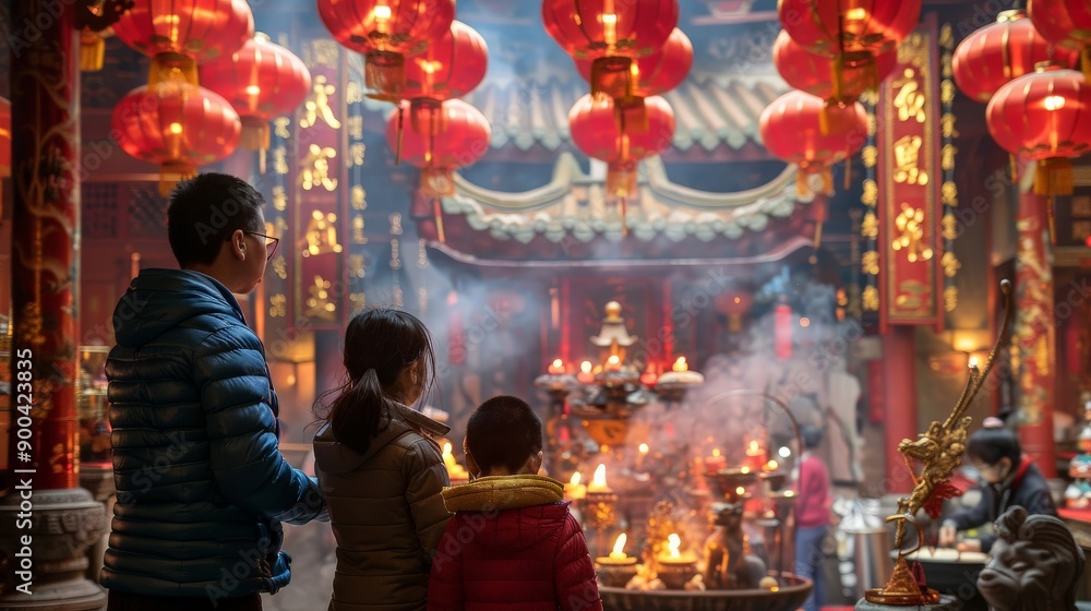 Family visiting a temple adorned with Lunar New Year decorations, offering prayers Family visiting a temple adorned with Lunar New Year decorations, offering prayers