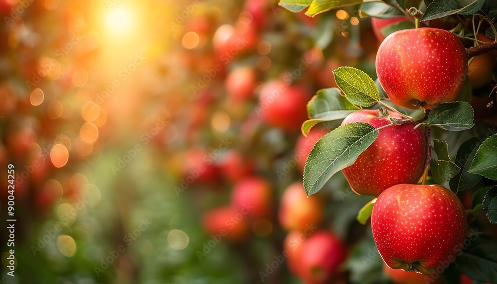 Obraz premium Apple orchard, rows of trees, sunlight