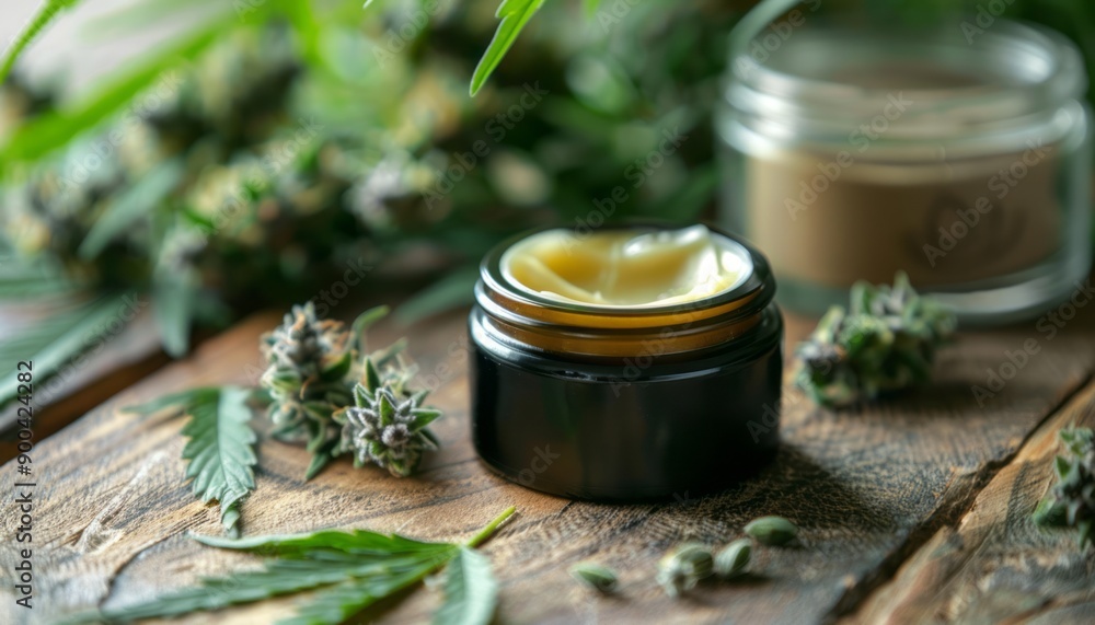 Open Jar of Cannabis-Infused Cream on Wooden Surface With Fresh Green Buds Open Jar of Cannabis-Infused Cream on Wooden Surface With Fresh Green Buds