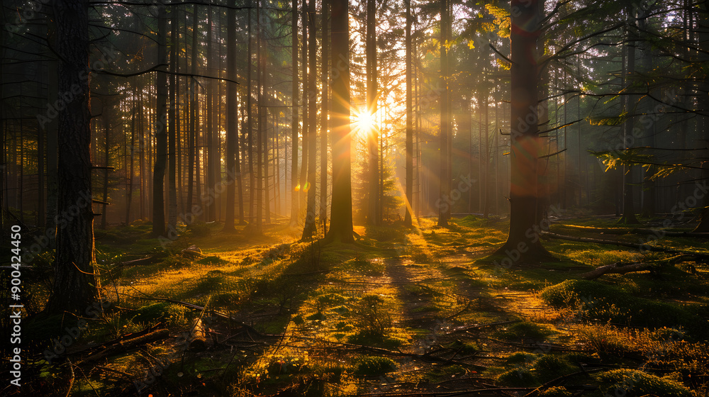 Obraz premium Sunrise over lush green trees in a peaceful forest clearing, captured in raw, natural beauty.