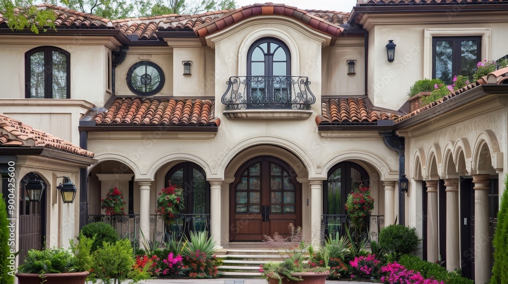 Describe the Mediterranean-inspired details of a villa house exterior. Write about terra cotta tiles, wrought iron balconies, and how Mediterranean architecture evokes a sense of warmth and elegance. Describe the Mediterranean-inspired details of a villa house exterior. Write about terra cotta tiles, wrought iron balconies, and how Mediterranean architecture evokes a sense of warmth and elegance.