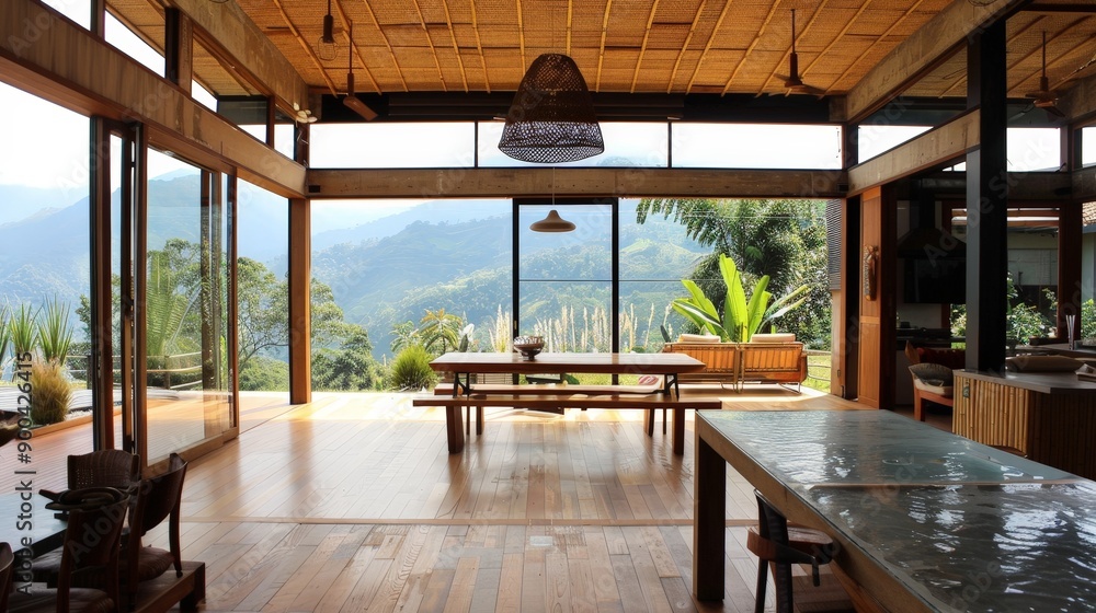 Fototapeta premium Describe the architectural innovation of eco-friendly materials used in an isolated house.