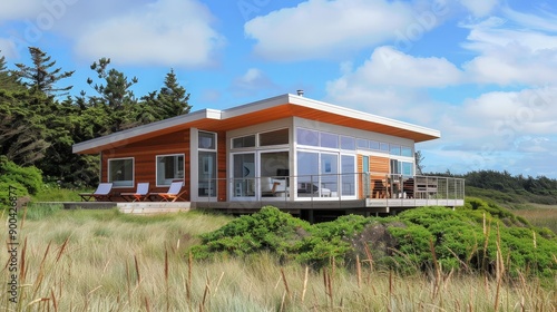 Describe the coastal influences on a beachside small house. Write about weather-resistant materials, panoramic views, and how compact beach houses capture the essence of seaside living.