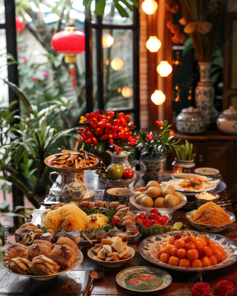 A beautifully arranged table filled with various traditional dishes, decorated with flowers and lanterns, showcasing cultural richness. A beautifully arranged table filled with various traditional dishes, decorated with flowers and lanterns, showcasing cultural richness.