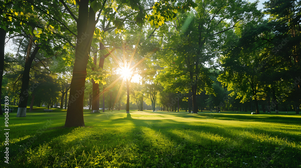 Obraz premium Beautiful sunlit park featuring lush green trees, captured in a vibrant and natural style.