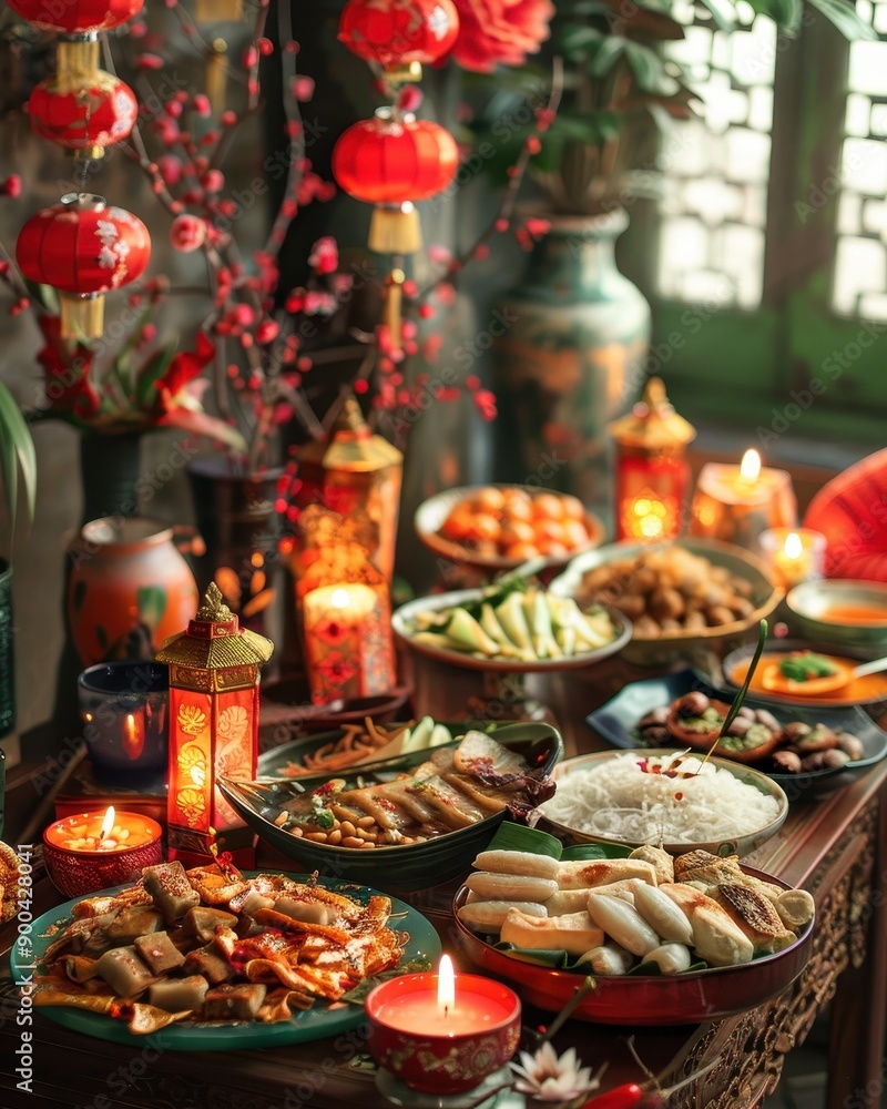 A vibrant and festive table setting filled with traditional Asian dishes, illuminated by candles and lanterns, perfect for celebrations. A vibrant and festive table setting filled with traditional Asian dishes, illuminated by candles and lanterns, perfect for celebrations.