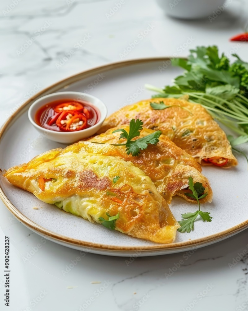 Delicious golden omelets filled with veggies, served with spicy sauce and fresh herbs on a marble table. Delicious golden omelets filled with veggies, served with spicy sauce and fresh herbs on a marble table.